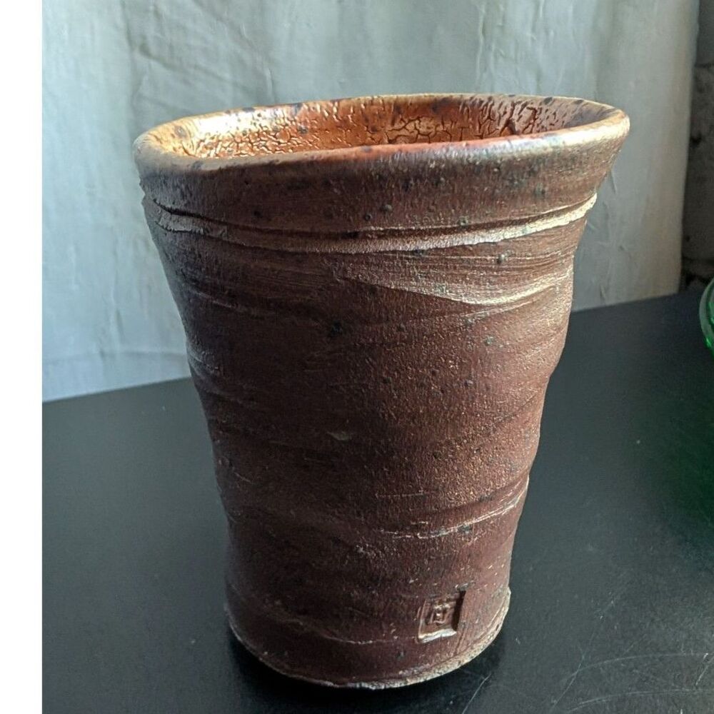 Signed Japanese Bizen Style Studio Pottery Vase • 4.5" Wabi Sabi Clay Tumbler